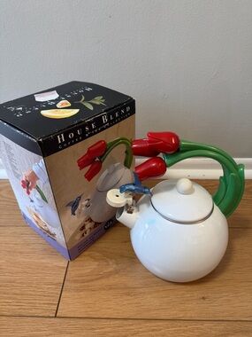 Vintage Hummingbird Teapot Tulips Kettle White Brand New, In Box!